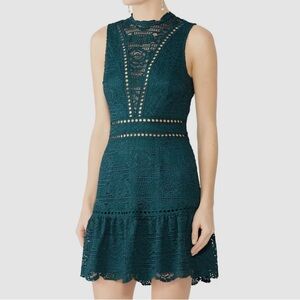 Saylor Lace V-Neck Fit & Flare Dress in Dark Green